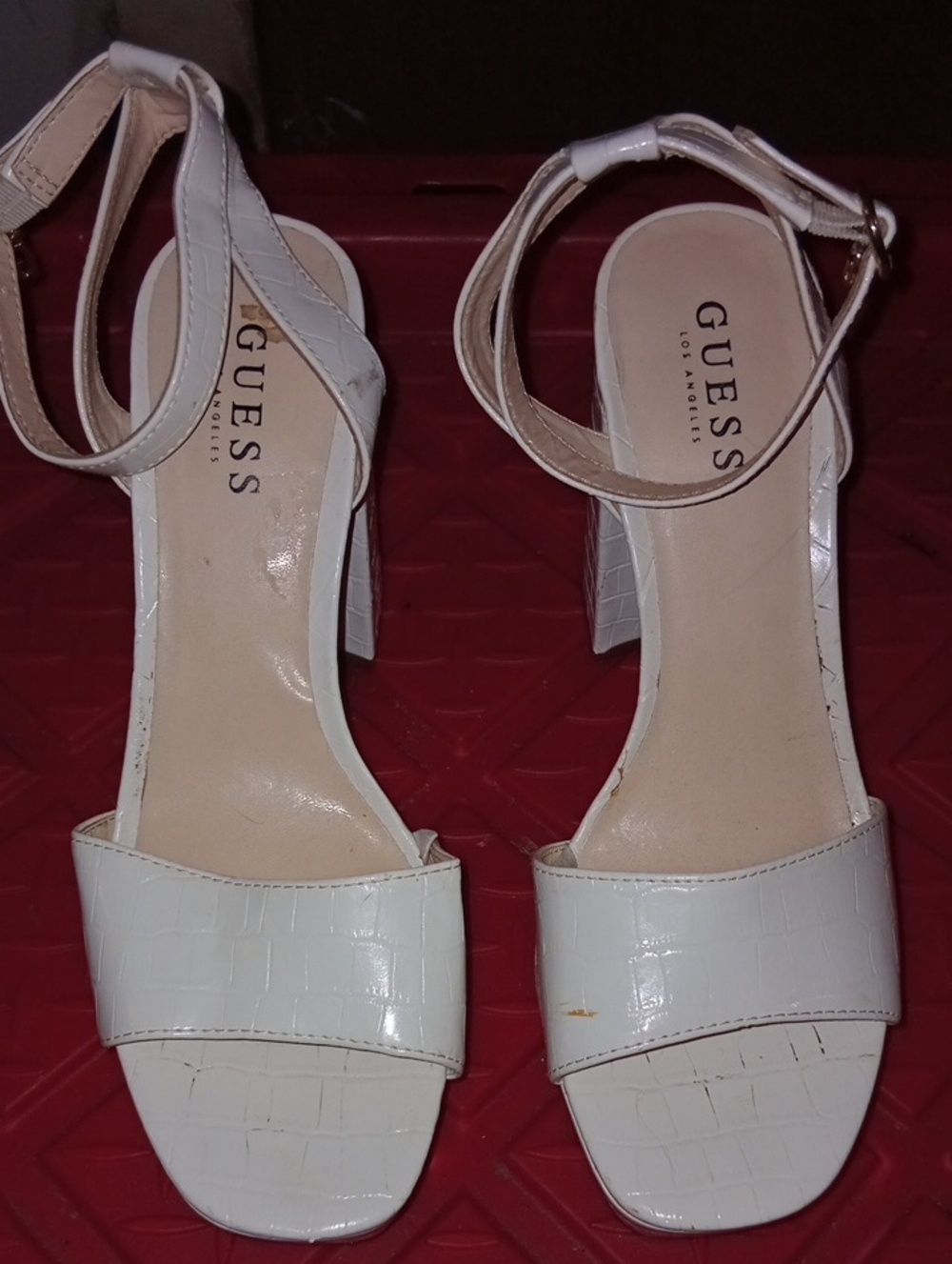 GUESS White Croc-Embossed Ankle Strap Block Heels Size 10M